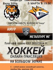 Прямая трансляция матча ХК "Амур" - ХК "Металлург" (Магнитогорск) на большом экране