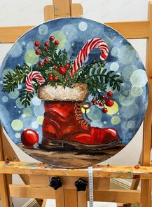 Мастер-класс по маслу на круглом холсте "Новогодний сапожок"