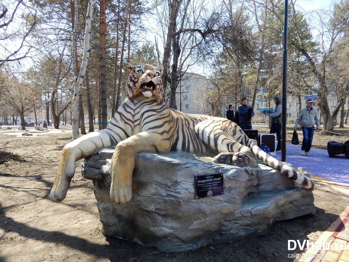 Животные комсомольск на амуре. Скульптура в Комсомольск-на-Амуре тигр. Комсомольск на Амуре тигры. Тигр статуя. Скульптура Амурского тигра.