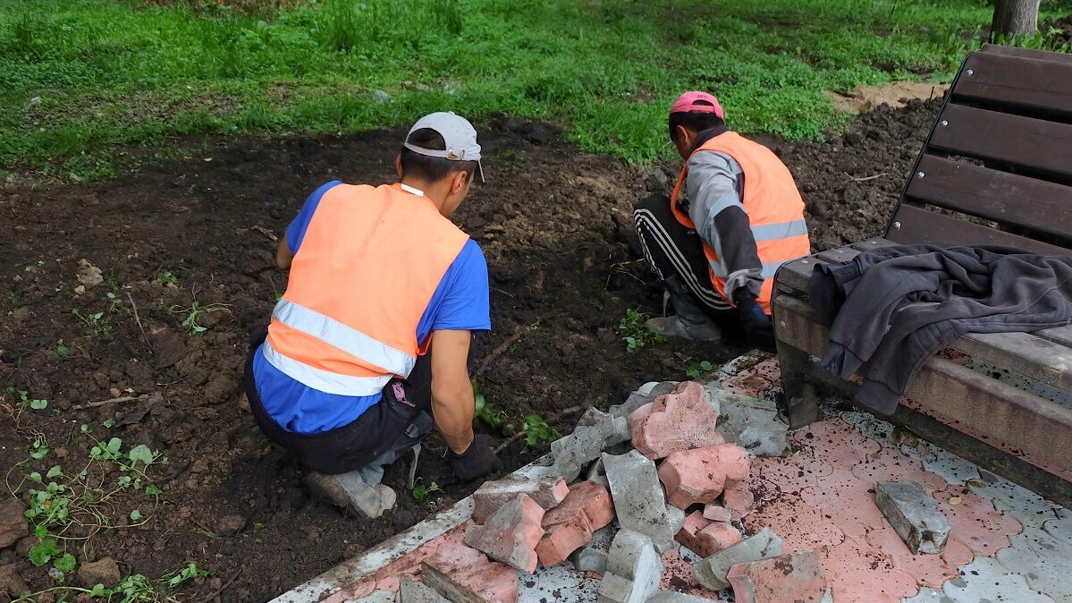 Рабочие в парке «Судостроитель» закопали обрезь плитки в газон (ФОТО;  ВИДЕО) — Новости Хабаровска