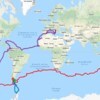 Карта маршрута кругосветки Travely-Family: красным обозначен пройденный путь экспедиции через 3 Великих Мыса, лиловая сплошная линия – это незавершённая первая кругосветка — newsvl.ru