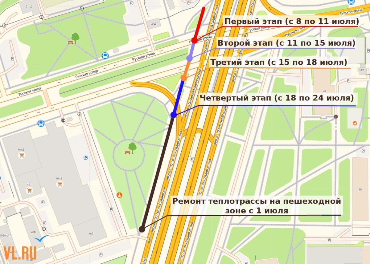 С 8 по 11 июля сетевики полностью перекроют проезд по Русской от развязки в  сторону автовокзала (СХЕМА) – Новости Владивостока на VL.ru