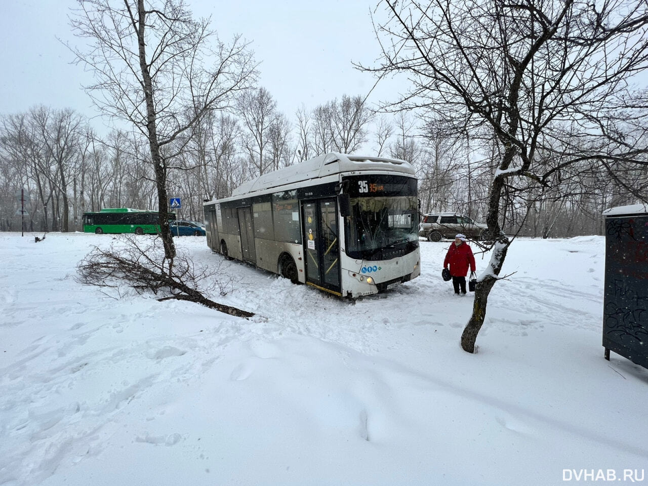 Перебегавшая дорогу девушка отправила в кювет автобус № 35 (ФОТО) — Новости  Хабаровска