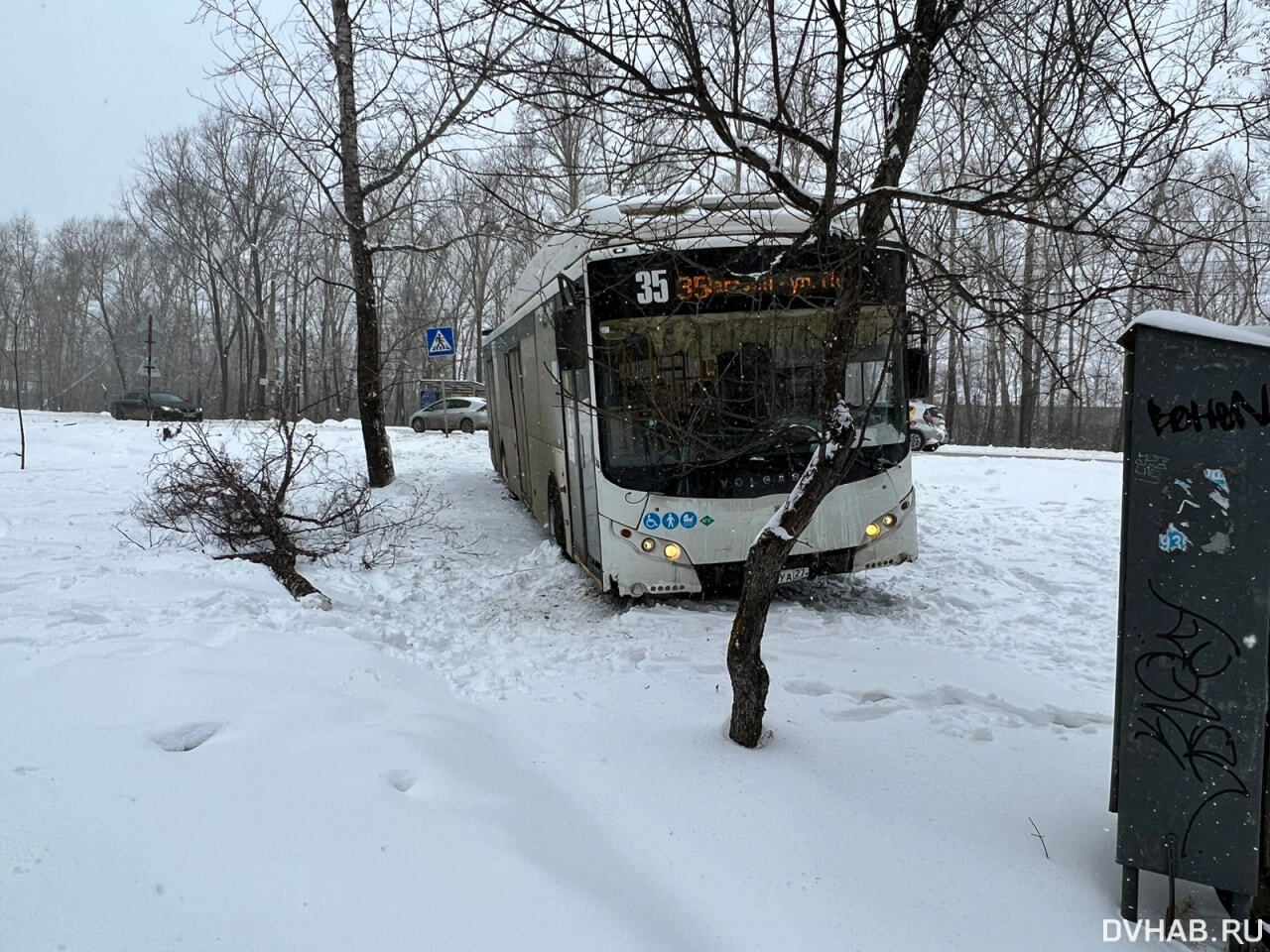 Перебегавшая дорогу девушка отправила в кювет автобус № 35 (ФОТО) — Новости  Хабаровска