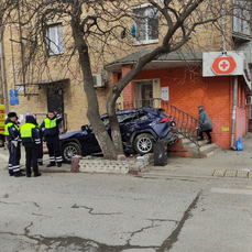 На Спортивной автомобиль застрял между деревом и крыльцом (ВИДЕО)