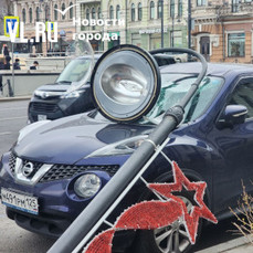 Фонарный столб упал на машину в центре Владивостока (ФОТО)